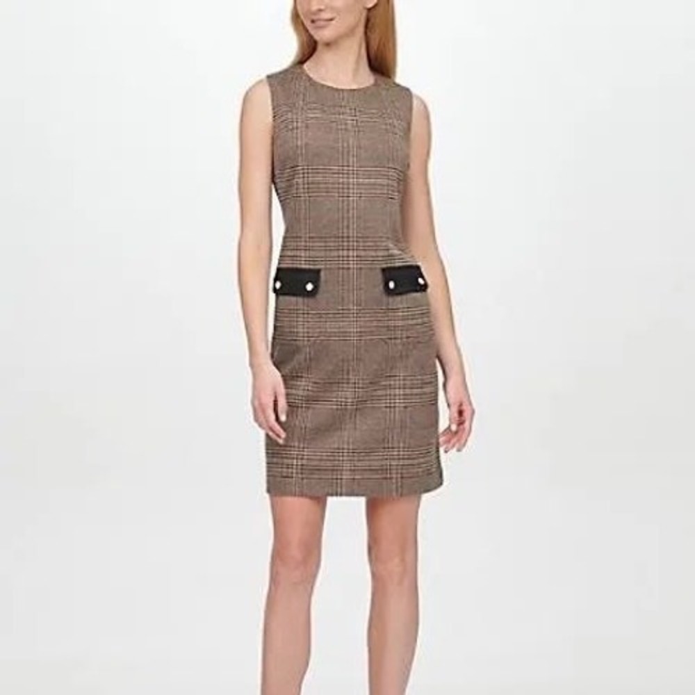 Tommy Hilfiger Glen Plaid Faux Leather Trim Sheath Dress Brown Orange Size 14